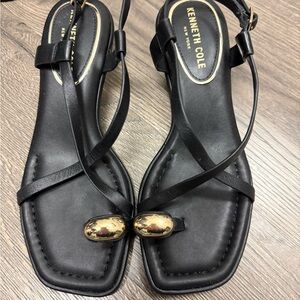 Kenneth Cole Black Leather Strappy Sandals with Gold Toe Detail